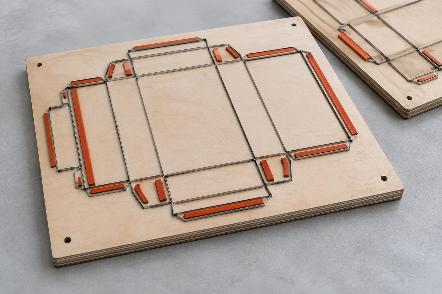 Steel-rule die board with cutting and creasing outlines