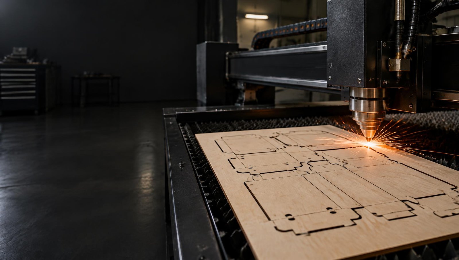 Laser cutting a packaging die board in an industrial workshop
